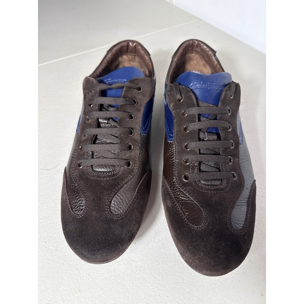 Salvatore Ferragamo Mens Brown Suede Pebbled Leather Blue Accent Sneakers 10 U.S